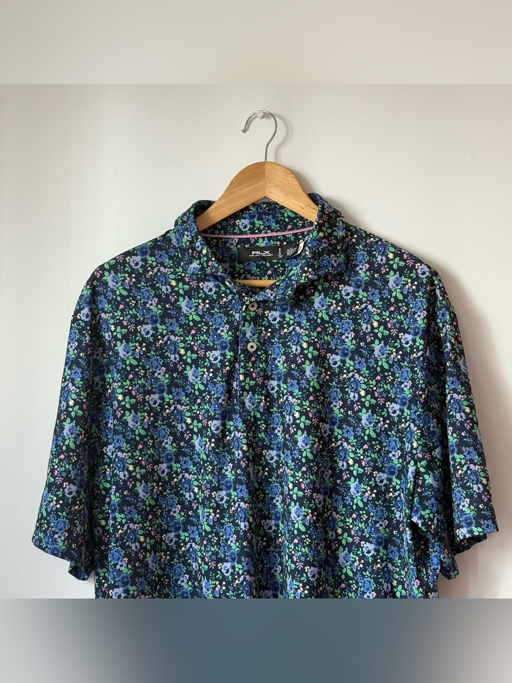 RLX Ralph Lauren Mens Large Floral Performance Golf Polo Shirt Short Sleeve Blue
